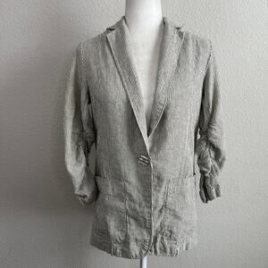 Max Studio Pinstripe Blazer Women's XS Linen Blend Oversized 3/4 Sleeve Ruched
